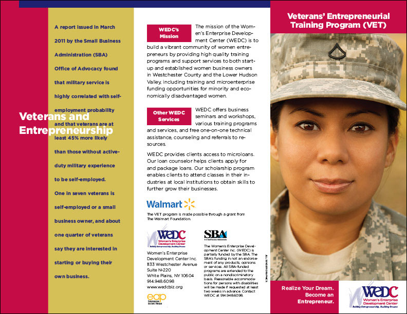 Information brochure designer Women's Enterprise Development Center WEDC veterans training programs 